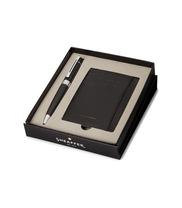 3 Sheaffer Giftset Glossy Black 300 Ballpoint Pen with Chrome Trim and Card Holder 9312 - Image 1