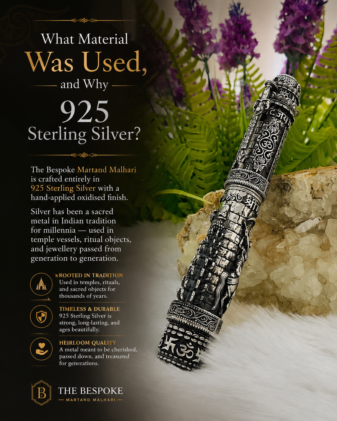 Skilled artisan silversmith handcrafting fine silver metalwork representing the craftsmanship of the Bespoke Martand Malhari fountain pen