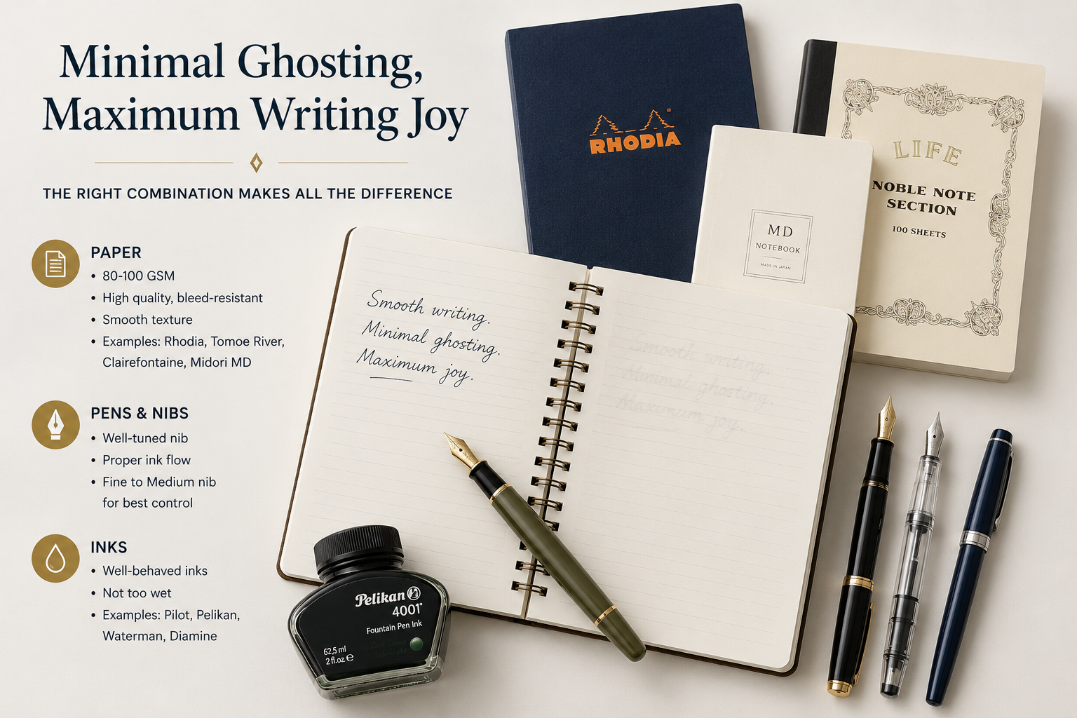 Flat lay of fountain pens and notebooks suited for minimal ghosting