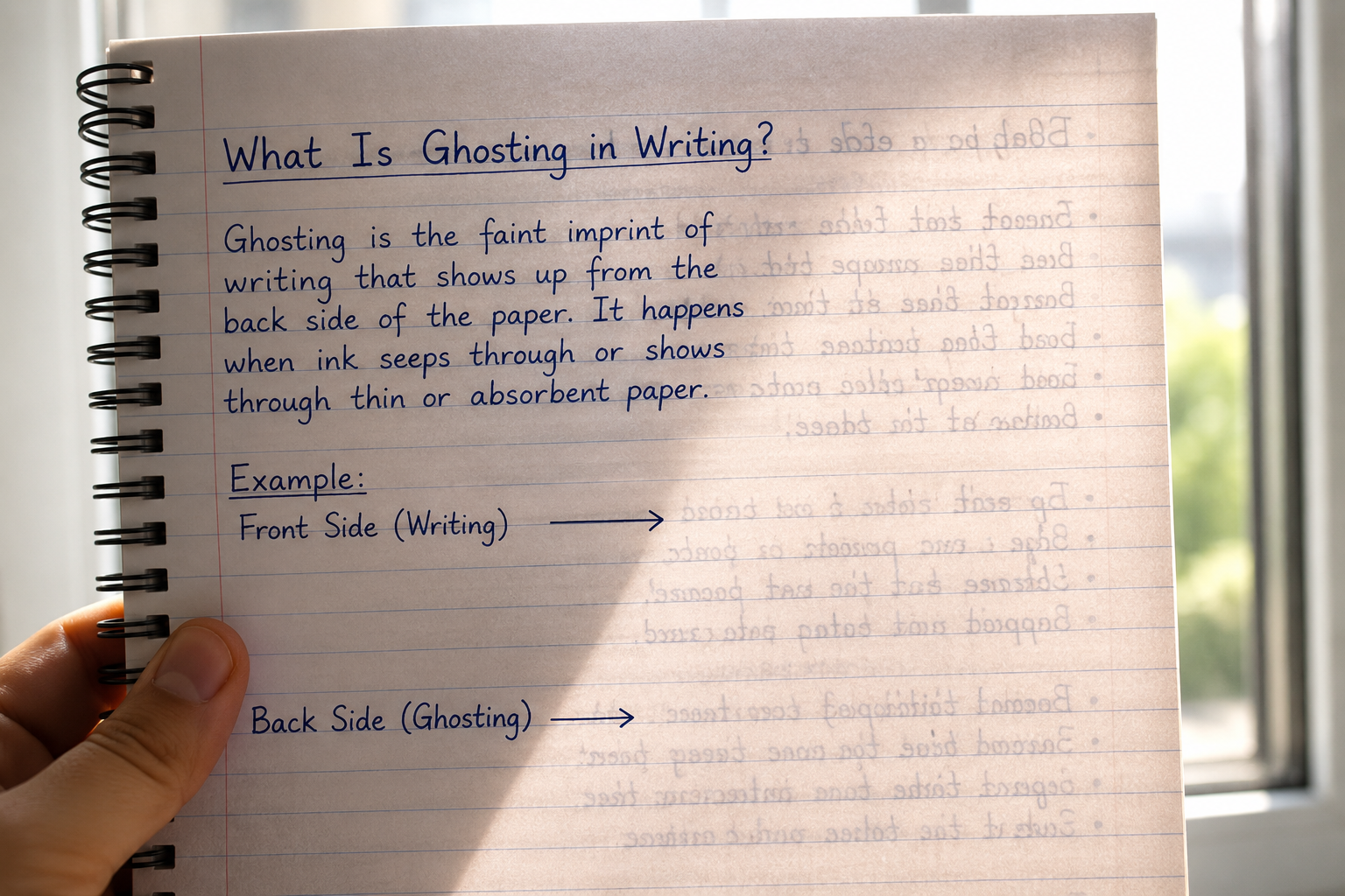 Handwritten notebook page held up to light showing faint ghosting effect