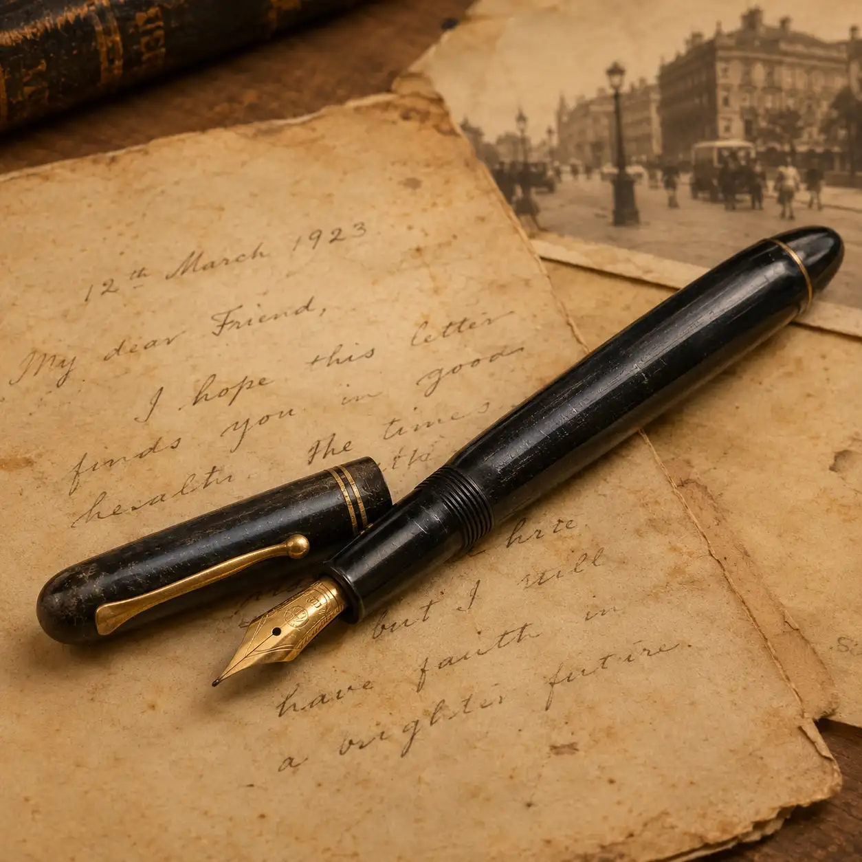 Early Fountain Pen Early 20th-century hard rubber fountain pen with gold nib on aged paper