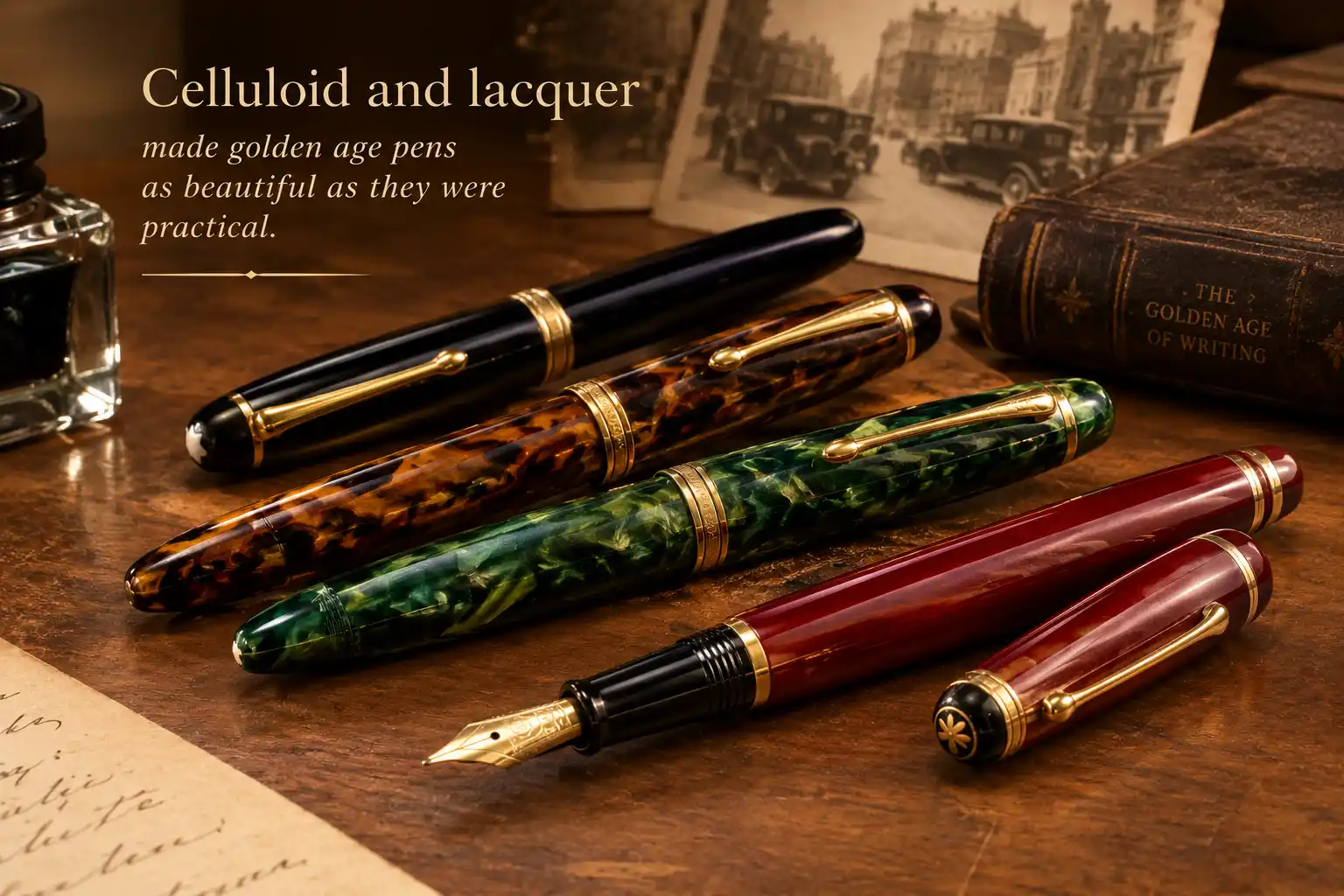 Golden Age Fountain Pens Collection of vintage celluloid fountain pens on a leather desk mat