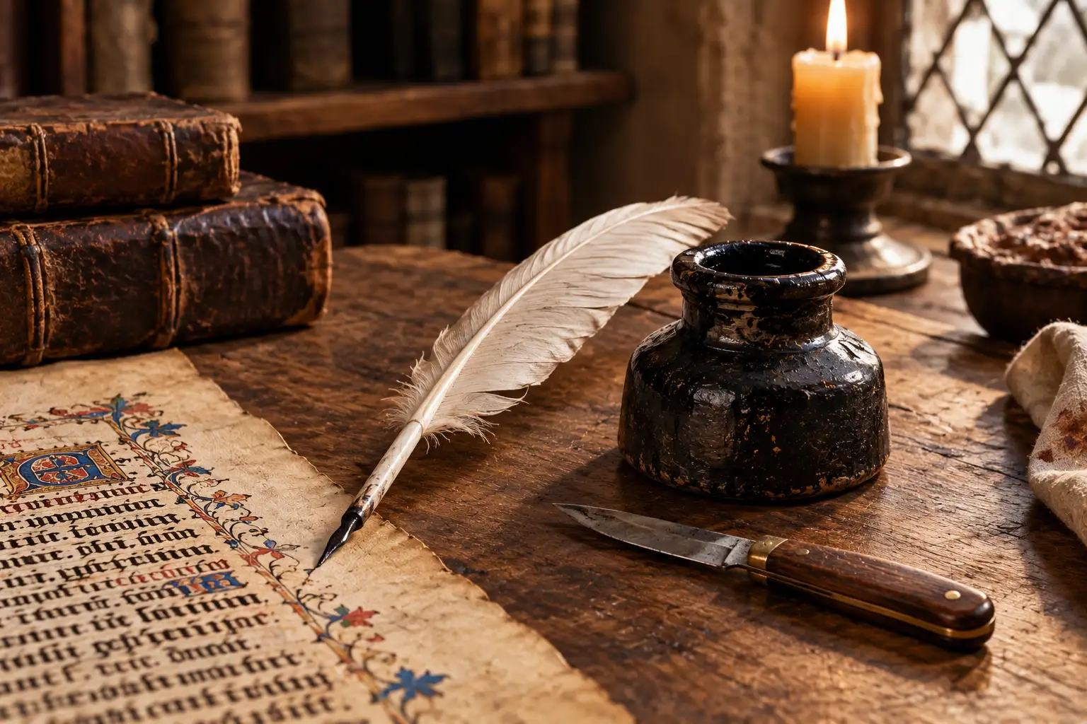 Medieval Quill Pen Goose feather quill pen, penknife and inkwell on a medieval scribe's desk
