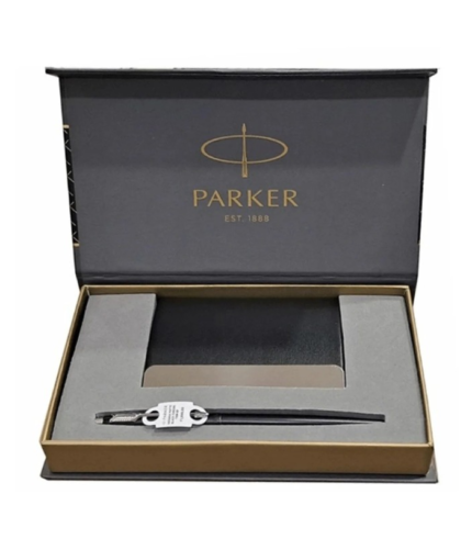 Parker Insignia Matte Black Chrome Trim Ball Pen Gift Set with Card Holder