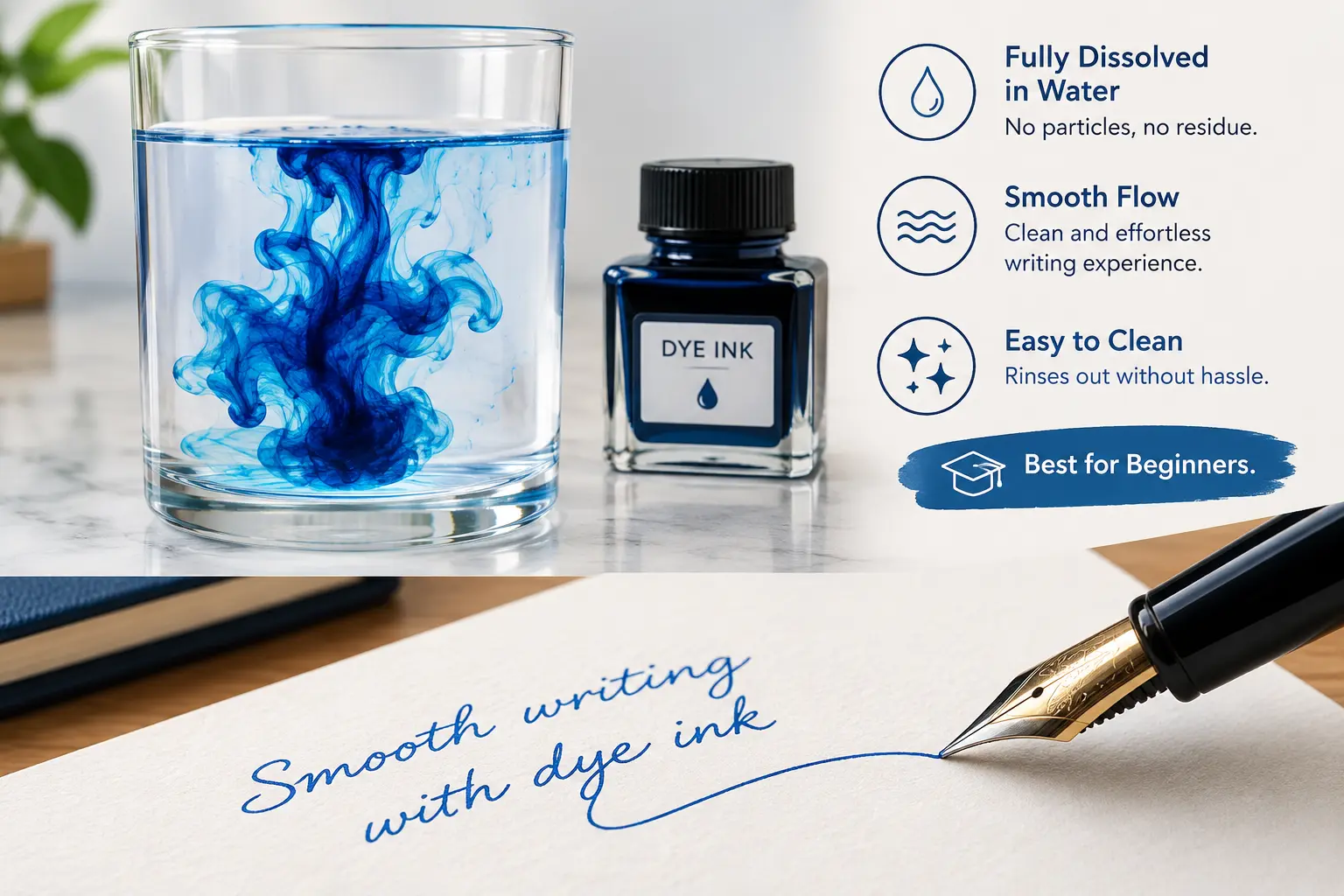Dye-based fountain pen ink writing smoothly on paper