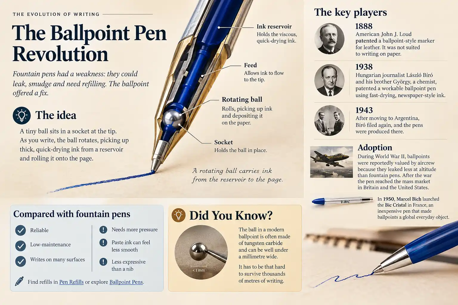 Ballpoint Pen Mechanism Cutaway of a ballpoint pen tip showing ink reservoir, socket and rotating ball